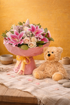 Bouquet de Liliums Rosados con Rosas + Peluche