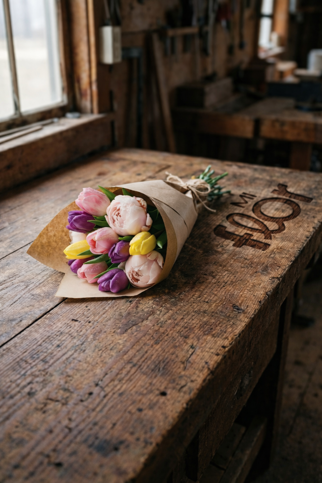 Bouquet premium de tulipanes y peonías mixto envuelto en papel kraft – Mi Flor