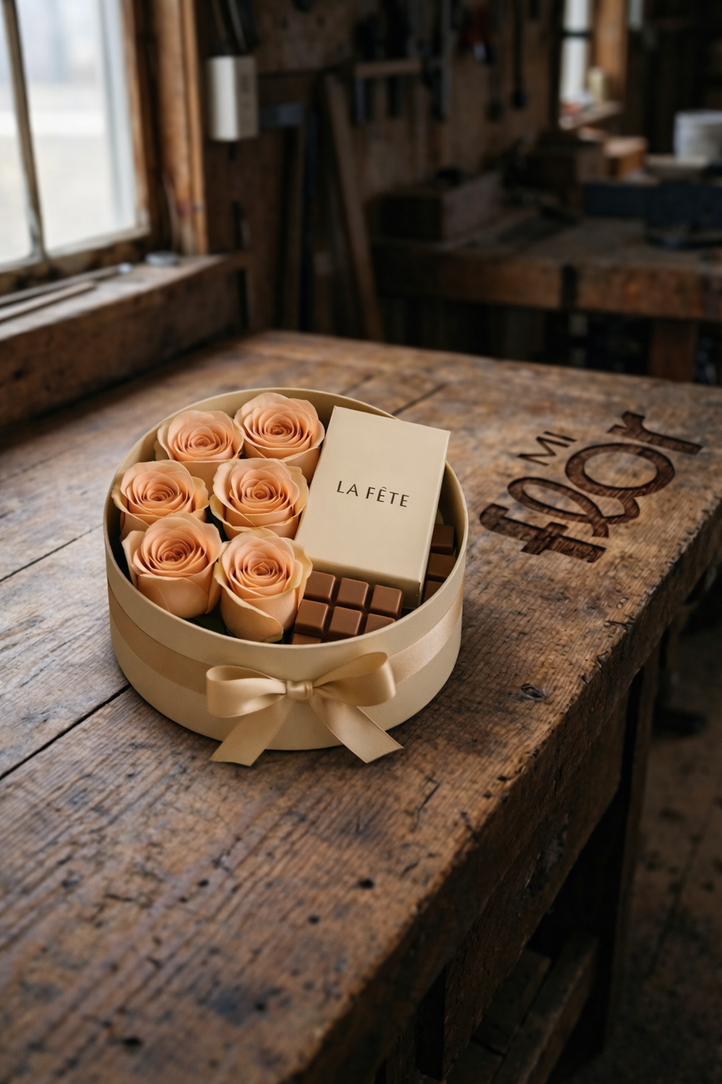Caja de regalo con rosas naturales y chocolates La Fête en presentación elegante – Mi Flor