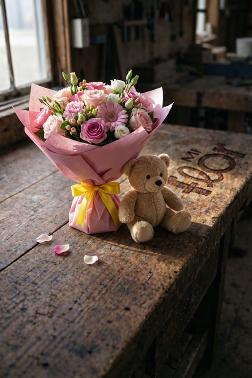 Bouquet de Liliums Rosados con Rosas + Peluche