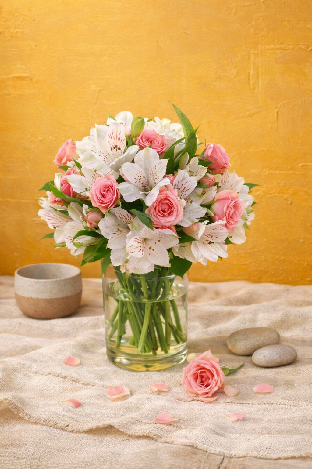 Bouquet de Rosas Rosadas y Alstroemerias Blancas