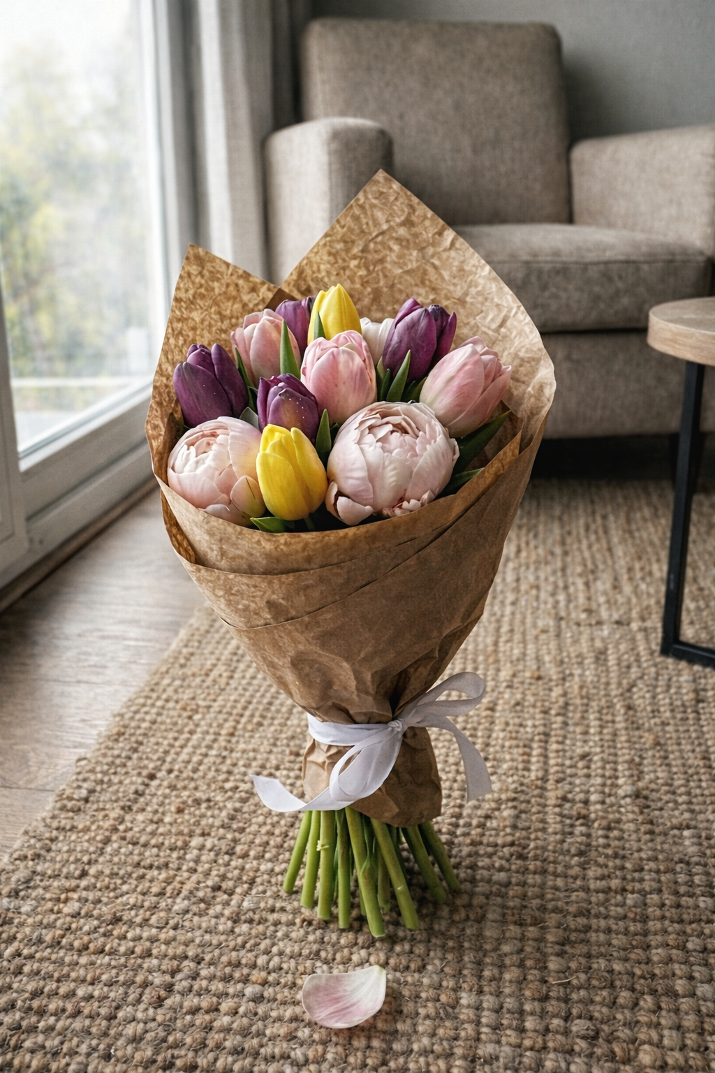 Ramo de tulipanes en tonos pastel envuelto en papel kraft, ideal como regalo cotidiano, fotografiado en un interior cálido y natural.